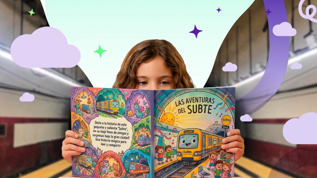 Niña leyendo un cuento infantil inspirado en el Subte de Buenos Aires