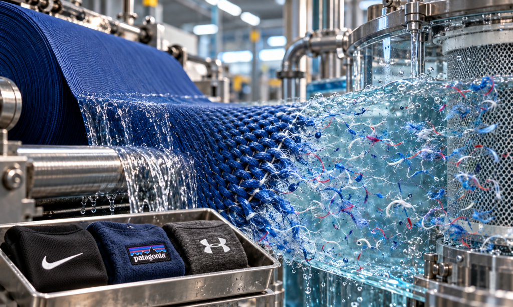 Prendas de Nike, Patagonia y Under Armour junto a un proceso industrial que libera microfibras textiles.