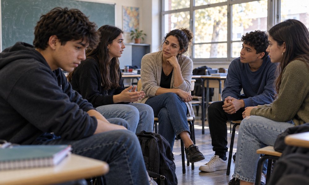 Estudiantes secundarios conversan con una docente en un espacio de escucha sobre salud mental dentro del aula.